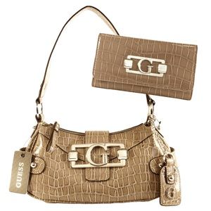 ❤️ USED Guess Beige Patent Croc Leather Bag & Wallet (READ DESCRIPTION)